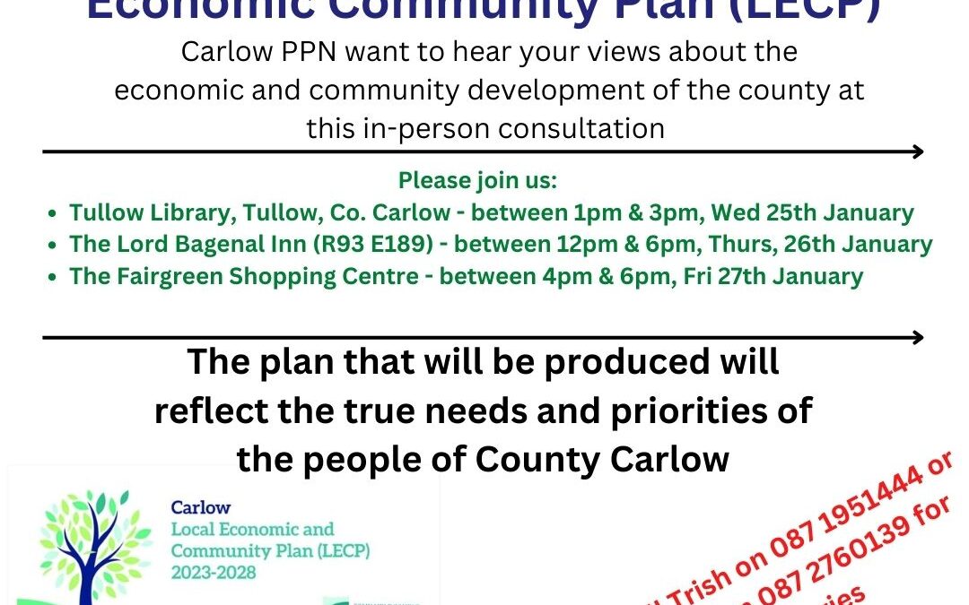 Carlow PPN are facitlitating ‘Drop-in’ public consultations for the Local Economic Community Plan